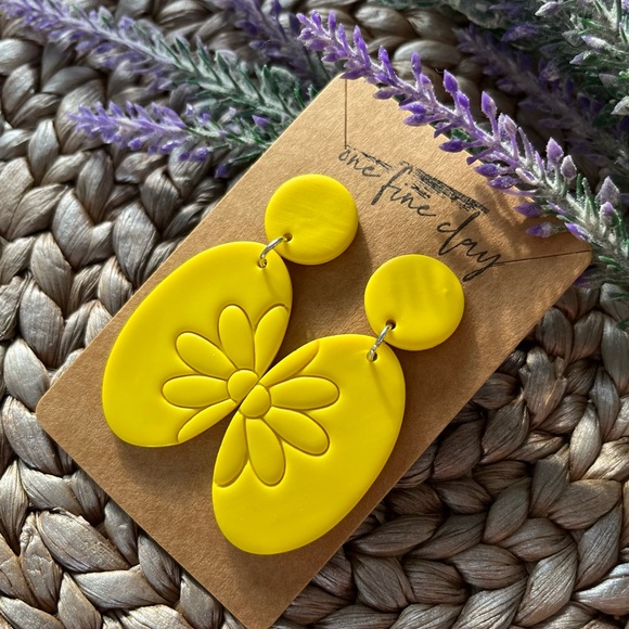 Bright Yellow Clay Flower Oval Earrings - Picture 3 of 7
